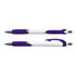 A purple and white pen with a comfortable grip, featuring a silver-colored nib and a branding logo.