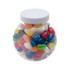 A clear container filled with assorted color mini jelly beans in various shades including red, blue, yellow, and green.