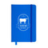 A blue notebook with a cow graphic and an elastic band closure. It features a logo and decorative elements.