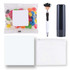 An assortment of colorful jelly beans, a black pen with a character topper, a black lip balm, a white cloth, and a clear pouch.
