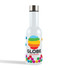A drink bottle in white featuring a colorful logo and decorative elements at the base. The lid is metallic.