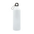 A drink bottle made of aluminum with a sleek white finish and a black lid featuring a sturdy handle.