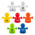 A collection of stress relievers shaped like characters in white, red, orange, yellow, green, and blue, with various logos.