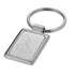 A rectangular silver keyring featuring a polished metal surface and a circular attachment loop.