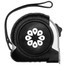 A black and silver Pro Locking Tape Measure with a circular design on the front and a strap attached.