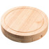 A round wooden cheese board with a smooth surface and hidden compartments for knives.