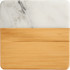 A marble and bamboo coaster featuring a white marble top and a natural bamboo bottom. It has a simple, elegant design.
