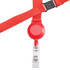 A red retractable badge holder with a clear strap, featuring a round reel and attached clip.