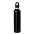 A drink bottle in matte black stainless steel with a metallic silver band and a handle for easy carrying.