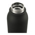 A drink bottle in matte black with a silver metal opening and a metal loop for easy carrying.