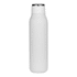 A drink bottle in matte white finish with a metallic loop, featuring a sleek design and a logo.
