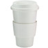 A ceramic coffee mug in white, featuring a lid and a silicone grip band. It has a branding logo.