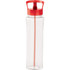 A drink bottle in clear plastic with a red lid and straw, featuring a slight curvature and a logo.
