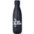 A drink bottle in matte black with a surf design, featuring a logo on the front. Insulated and 500ml capacity.