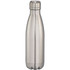 A drink bottle in a metallic silver finish, featuring a sleek, insulated design and a small logo.