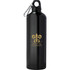 A drink bottle in black aluminium with a carabiner and a logo printed on it.