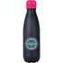 A drink bottle featuring a sleek black design with a pink lid and a colourful logo label.