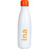 A drink bottle in white with an orange lid and branding, featuring a sleek, vacuum-insulated design.