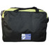 A black laptop bag with a lime green trim, featuring an adjustable strap and a logo on the front.