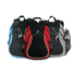 Three Coil Backpacks in black, red, blue, and grey, featuring pockets and an accompanying drink bottle. Each has a logo.