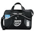 A black laptop bag featuring a mesh pocket, shoulder strap, and branding.