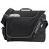 A black laptop bag with a large front pocket, adjustable strap, and mesh side pocket. It features a logo on the front.