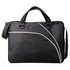 A black conference bag with a sleek design, featuring adjustable straps and a mesh pocket. It has a logo on the front.
