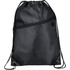 A black drawstring bag featuring a front zip pocket and a logo. The bag has adjustable string straps for carrying.