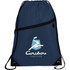 A navy drawstring bag with a logo and a front zip pocket, featuring black accents.