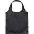 A black foldaway tote bag with a simple design and a drawstring closure, featuring a branding logo.