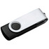 A black and silver rotating USB flash drive, featuring a clip and a branding logo. Capacity is 32GB.