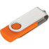 A silver and orange USB flash drive with a rotating cap. It features a simple design and has a logo on it.