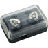 True wireless Bluetooth earbuds in a transparent charging case, featuring a black and silver design.