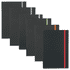 A collection of black journals with vibrant elastic bands in various colours: red, orange, green, blue, purple, and light blue.