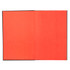 An open journal features bright red pages and a black cover, ideal for note-taking or journaling.