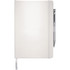 A white journal with blank pages and a silver pen attached. It has a sleek, minimal design and an elastic band closure.