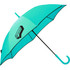 A turquoise umbrella with a black logo and a curved handle, featuring a stylish design for leisure use.