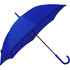 A blue auto open umbrella with a curved handle and black frame. It features a logo on the canopy.