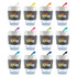 A collection of reusable coffee cups in various colors with a textured band and a lid, featuring a logo.