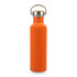 A drink bottle in bright orange with a stainless steel lid and a secure handle. It features a logo.