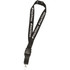 A black 25mm lanyard with a logo, featuring a clip for attaching items. Suitable for events and exhibitions.