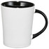 A ceramic mug with a white exterior and a black interior and handle, featuring a smooth design and a logo.