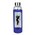 A drink bottle featuring a glass body and blue silicone cover, with a black silhouette design of a golfer.
