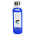 A drink bottle with a transparent glass body and a blue silicone cover, featuring a logo on the front.