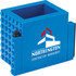 A blue pen pot with a textured design and a logo, featuring a compartment for storing pens and other office items.