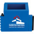 A blue pen pot featuring a square design and a logo on one side, ideal for office organisation.
