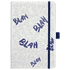 A white journal with blue accents and a textured cover featuring the word "Blah" in a repeating pattern.
