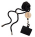 A black lanyard featuring a wooden tag and a rectangular attachment for holding a phone or card.