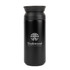 A double wall coffee cup in matte black with a lid and a logo on the front.