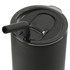 A drink bottle featuring a black exterior, a lid with a straw, and a sleek design. It has a logo on the surface.